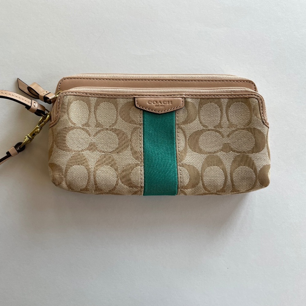 COACH Signature Stripe SIS Double Zip ZIPPY Wristlet Khaki/Green price drop!